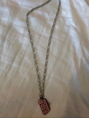 Coach Silver-Tone Chain Necklace with Pink Signature Pendant
